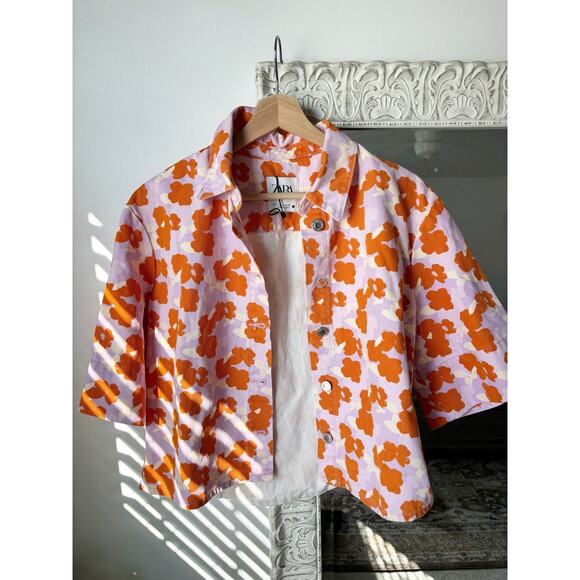 Zara Cropped Denim Floral Jacket Top - Picture 3 of 6